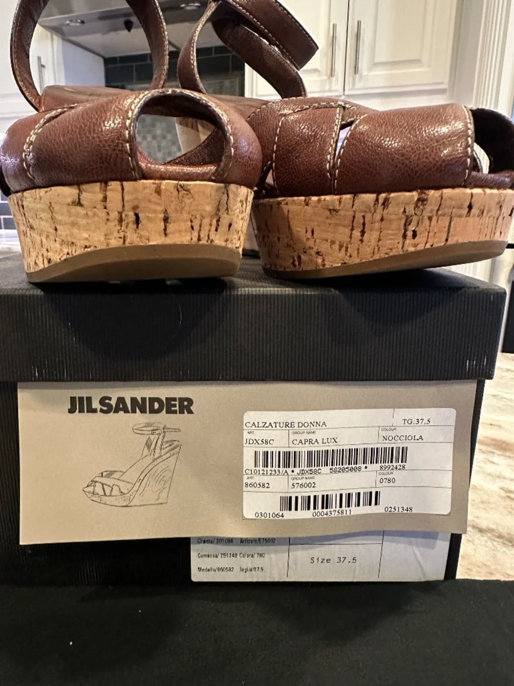 Jil Sander Y2K Leather Cork Wood Wedge Sandals Brown 37.5 Made in Italy